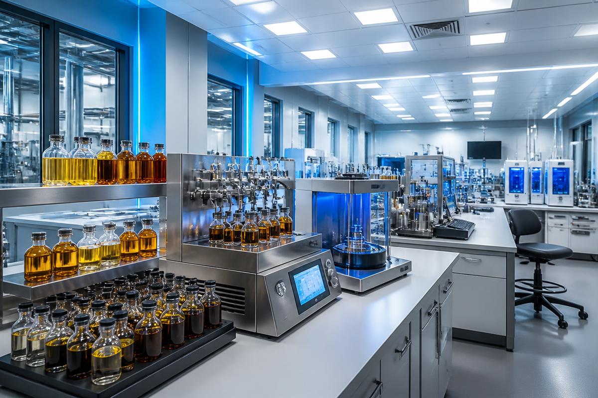 Aryus Lubetech quality control laboratory with oil samples and testing equipment
