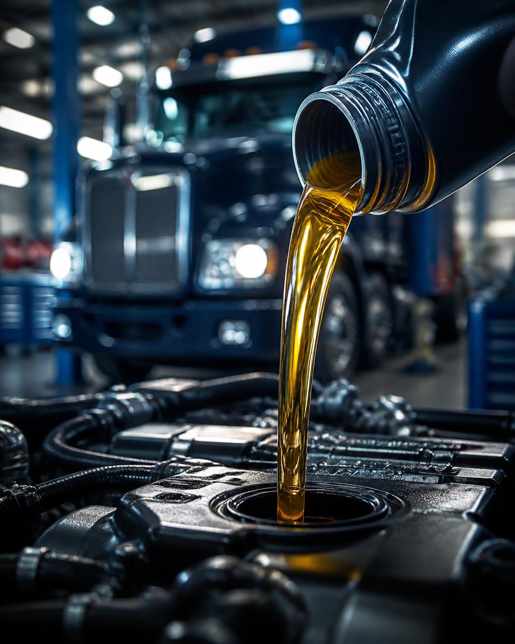 Engine oil being poured into a truck engine in a service workshop