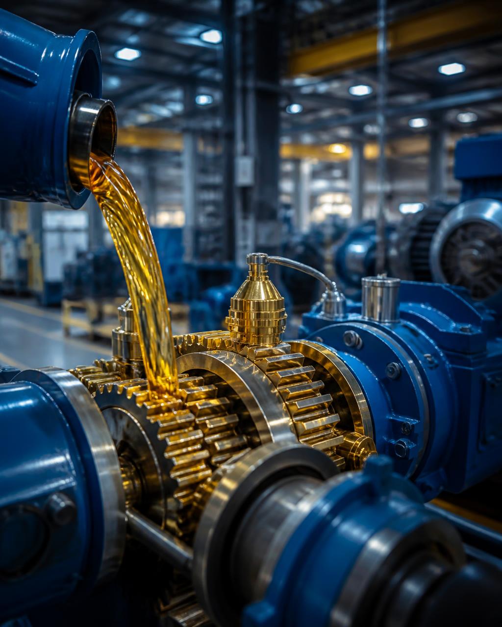 Golden lubricant poured over industrial gearbox gears in a factory