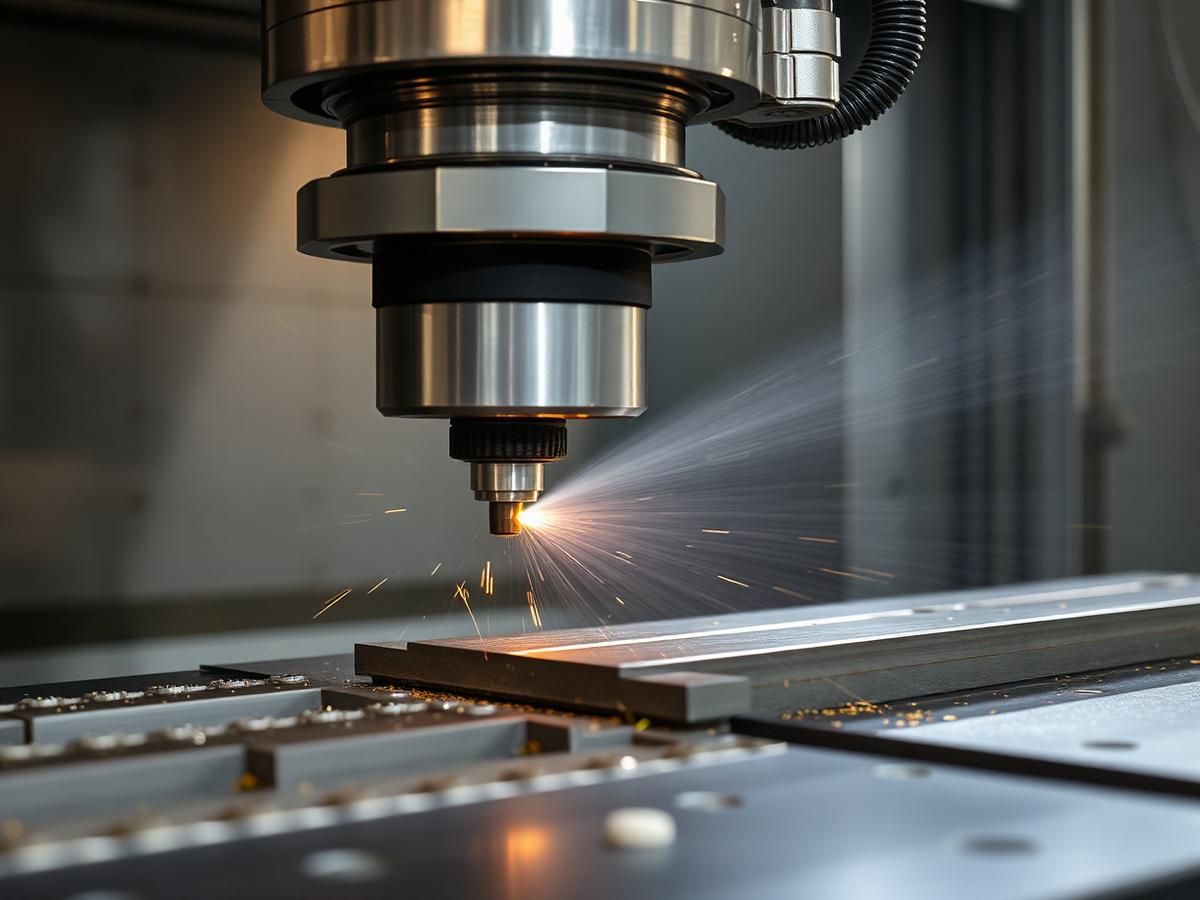 CNC machining centre cutting metal with coolant