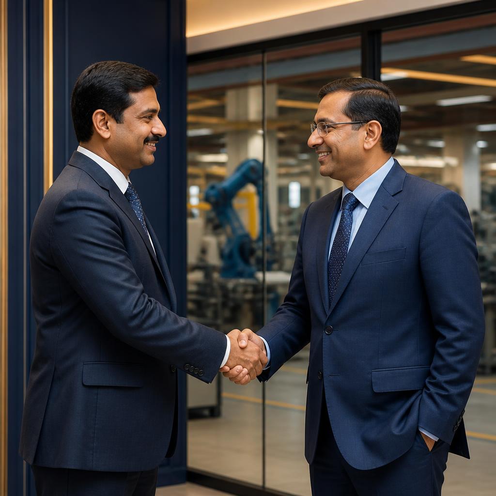 Business partners shaking hands in a manufacturing facility
