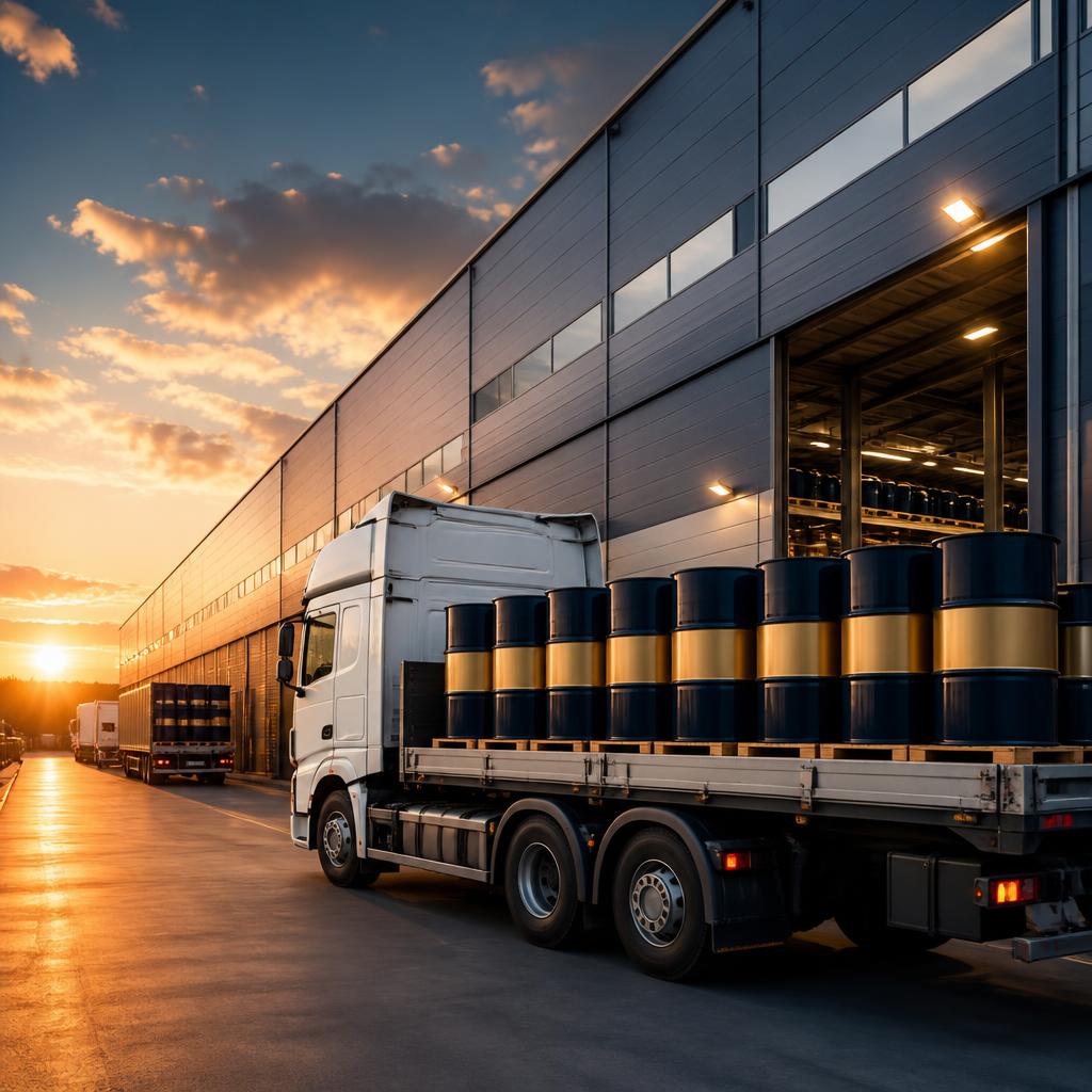 Logistics trucks delivering lubricant drums