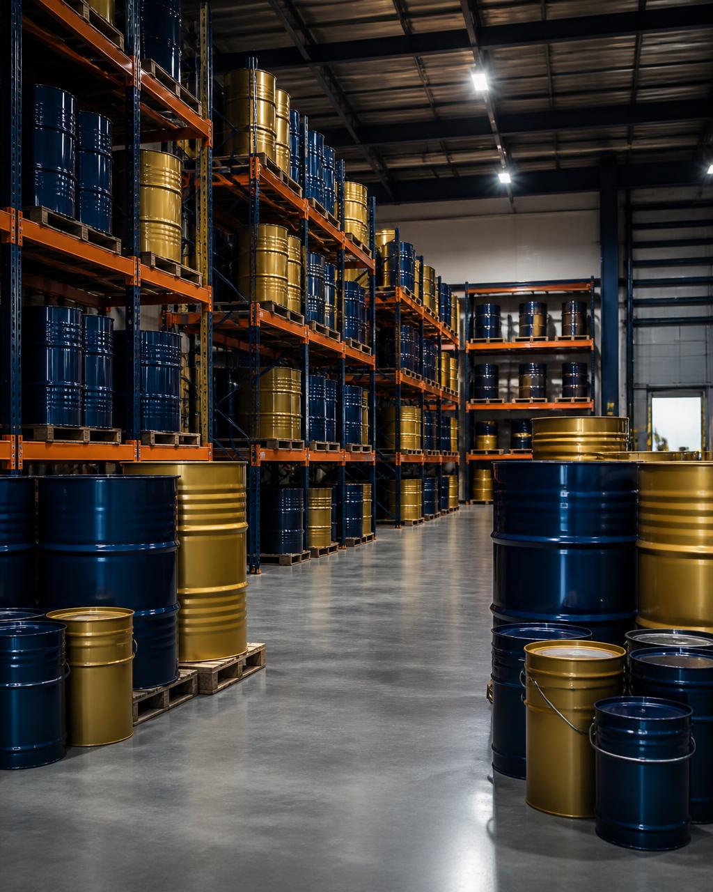 Lubricant warehouse with organized drums and pails